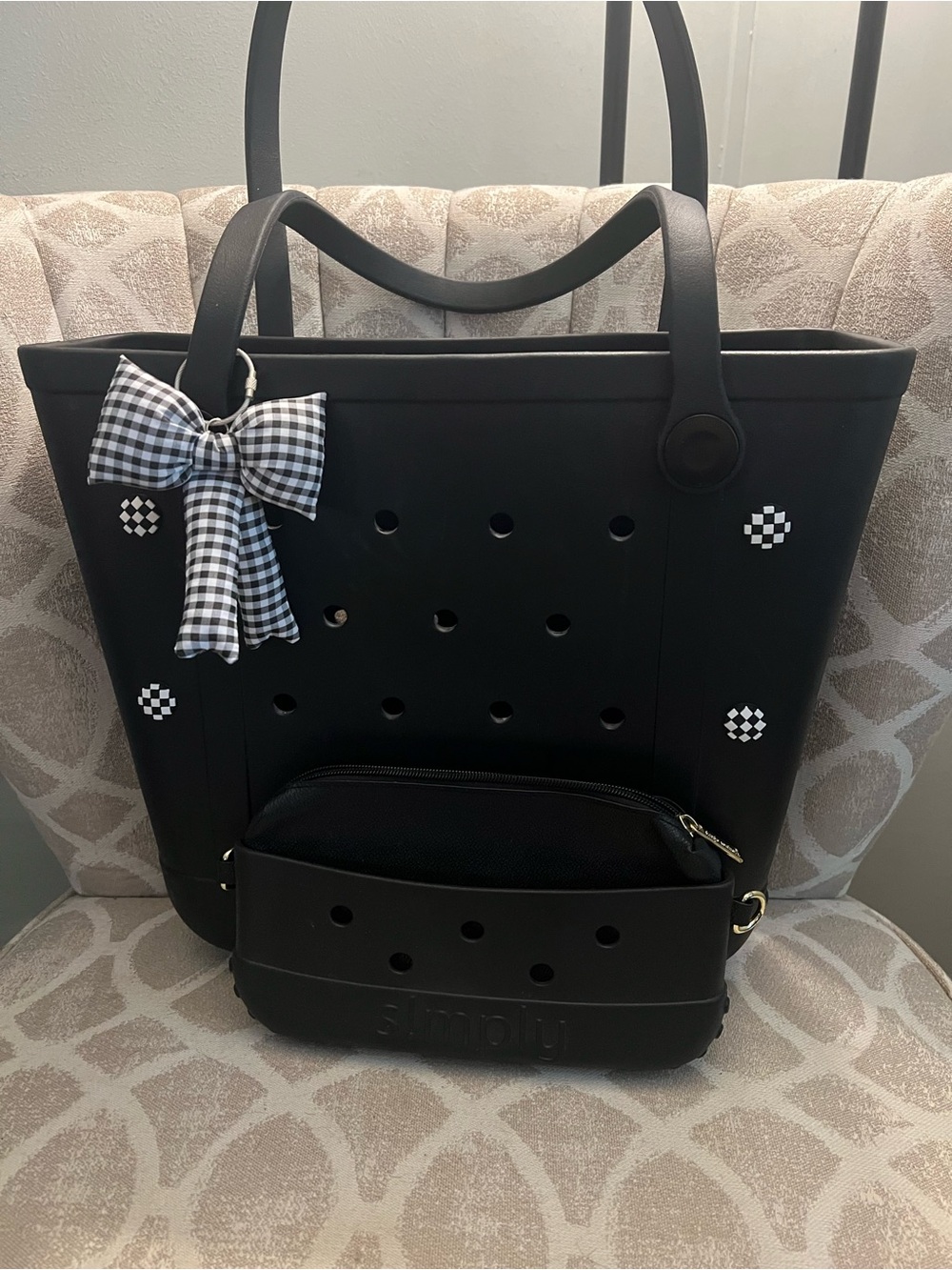 Simply Southern Black Tote Bag with Gingham Bow Accent
